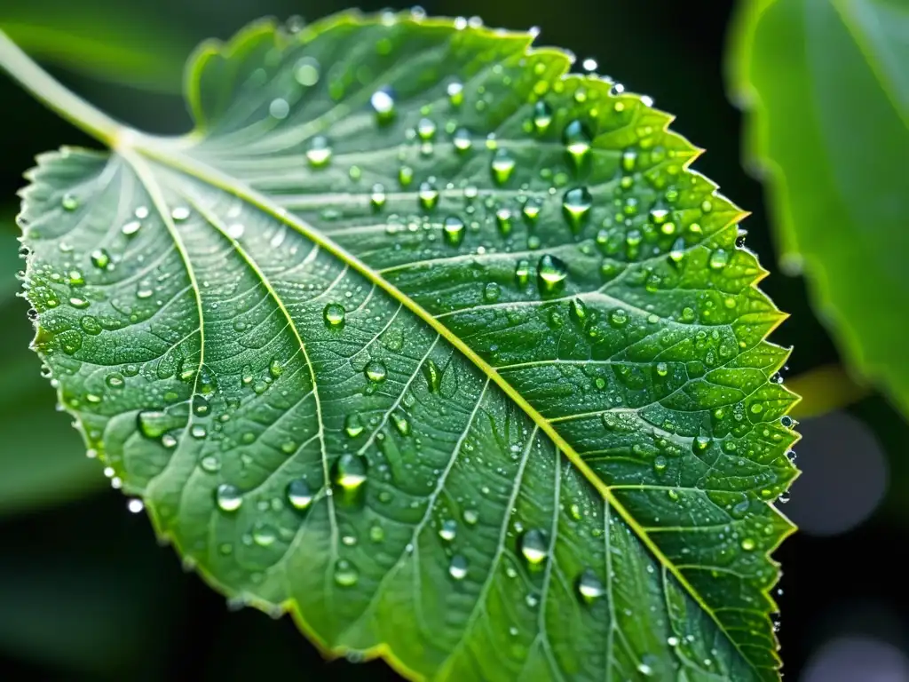 Increíble hoja verde con gotas de agua