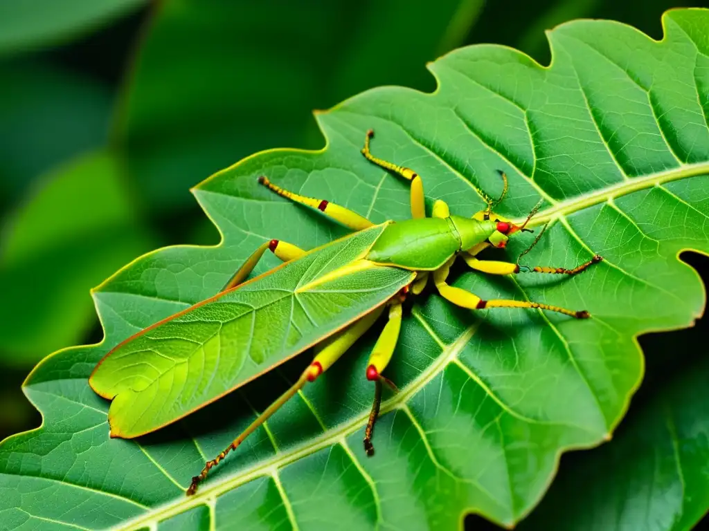 Increíble imagen detallada de un insecto hoja (Phyllium giganteum) camuflado entre el follaje