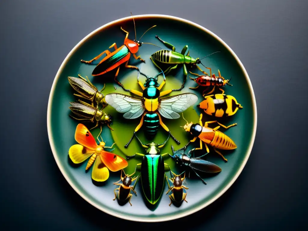 Increíble incorporación cultural de insectos en dieta: exóticos insectos comestibles en plato moderno, destacando su colorido en atmósfera dramática