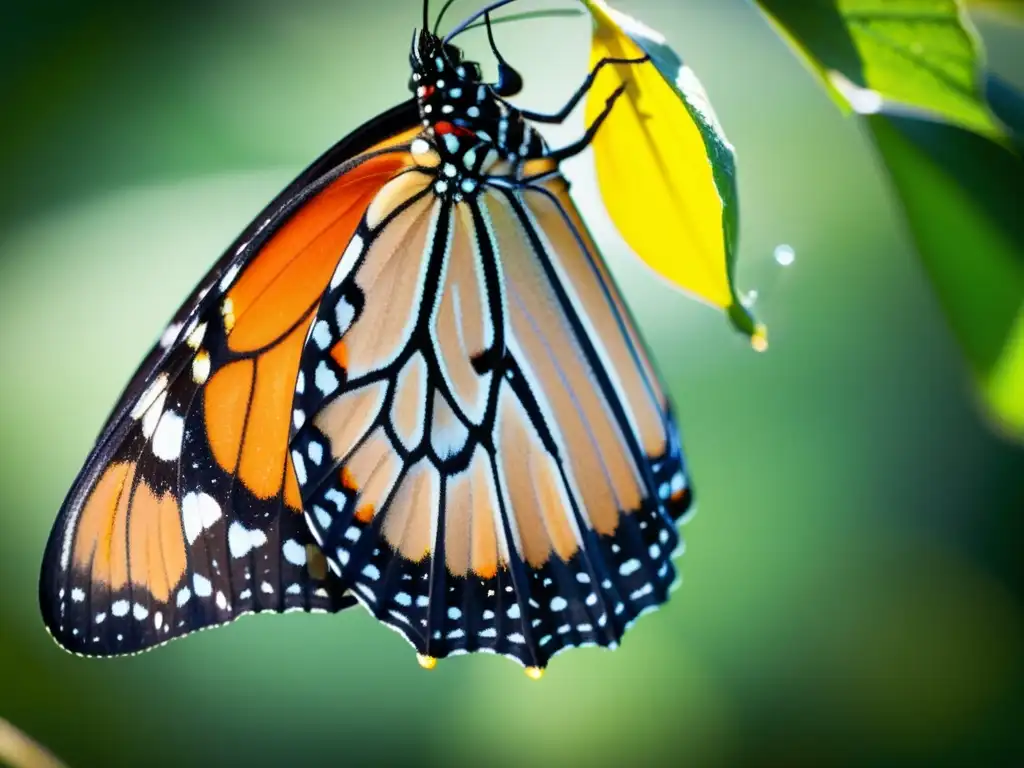 'Increíble metamorfosis de mariposa monarca emergiendo de su crisálida, con detalles asombrosos en sus alas translúcidas, antenas delicadas y vibrantes colores naranja y negro