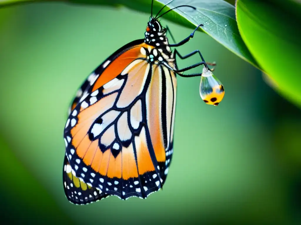 Increíble metamorfosis de las mariposas: una mariposa monarca emerge de su crisálida, desplegando sus delicadas alas naranjas y negras