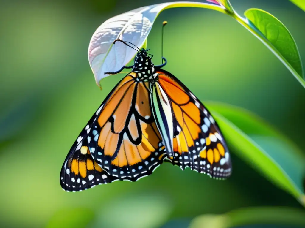 'Increíble metamorfosis de oruga a mariposa: delicadas alas desplegándose con patrones y colores vibrantes, bajo la luz del sol iridiscente