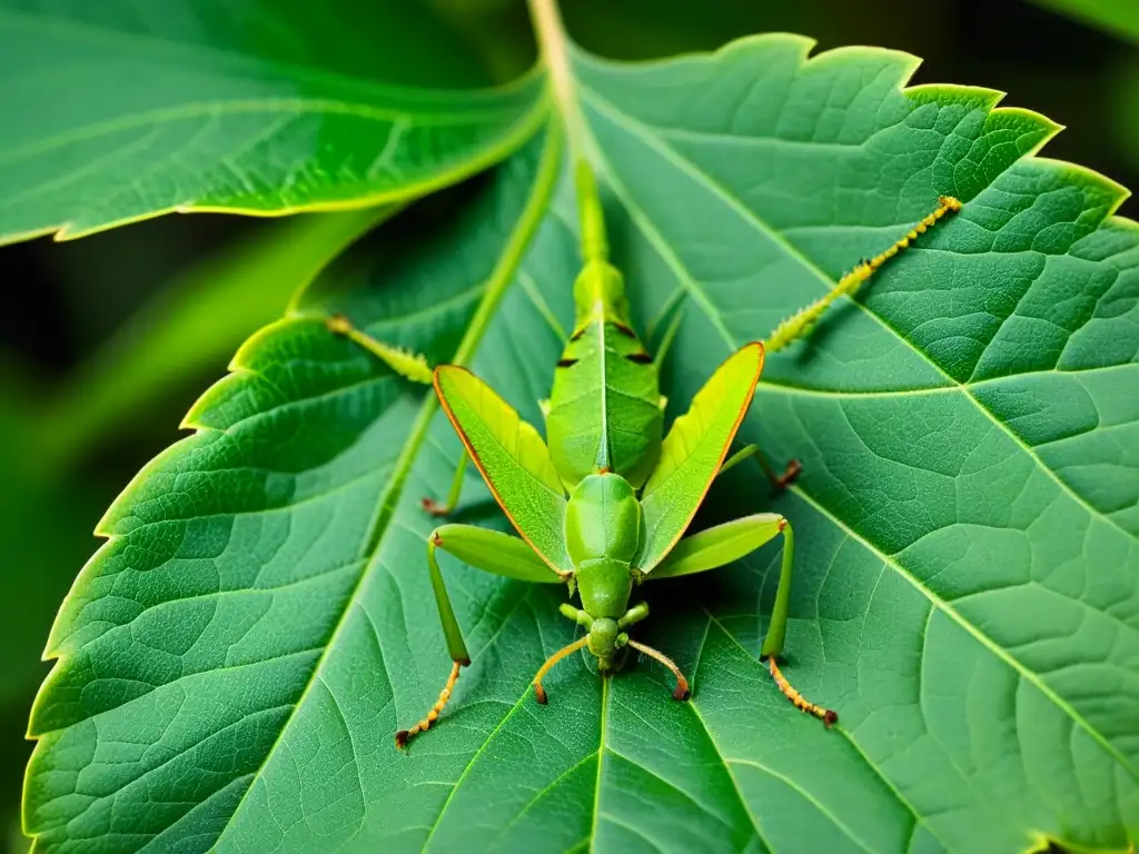 Increíble mimetismo y camuflaje en insectos: un insecto hoja perfectamente mimetizado entre las hojas verdes