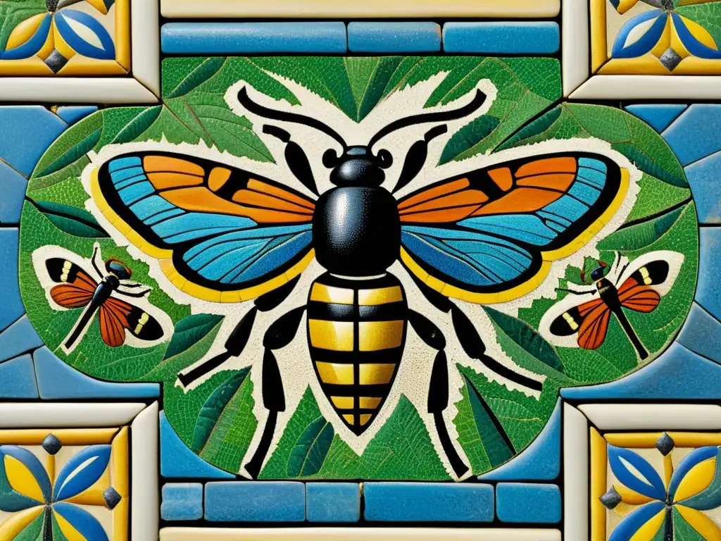 Increíble mosaico antiguo de insectos en arte y cultura, con detalles y colores vibrantes en piedra envejecida