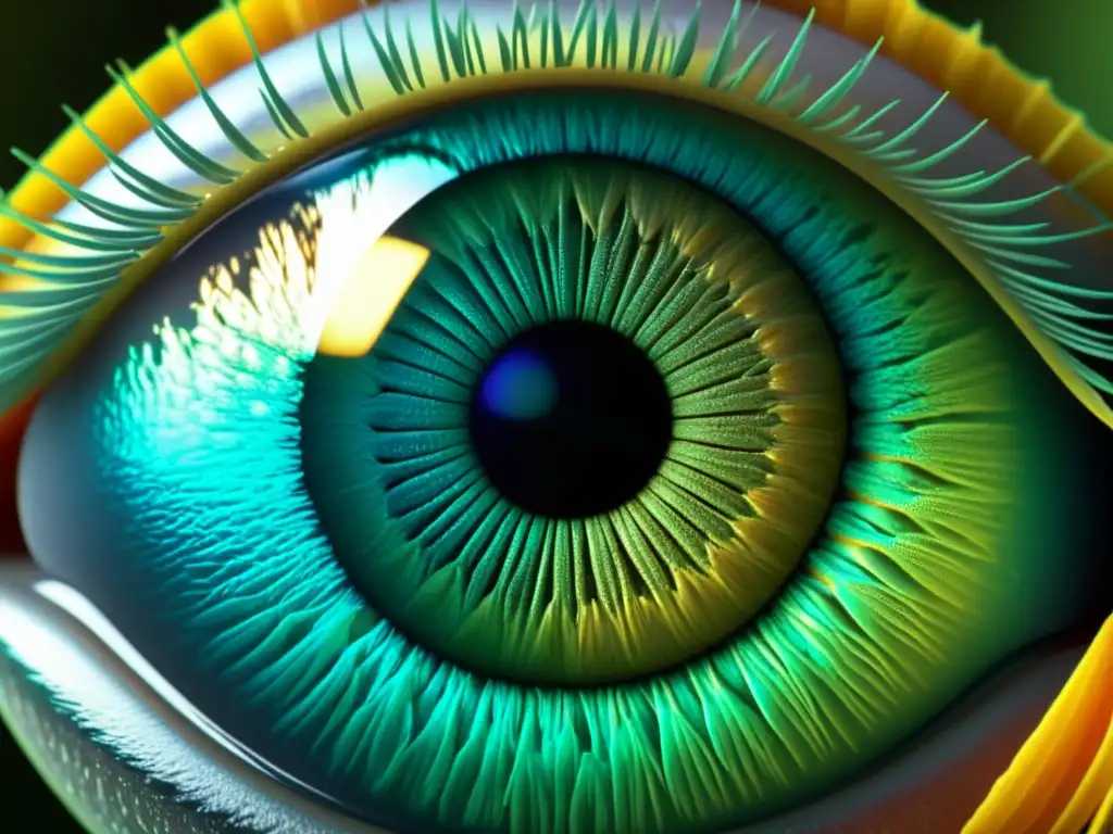 Increíble animación 3D de un ojo de insecto, mostrando detalles intrincados y belleza iridiscente