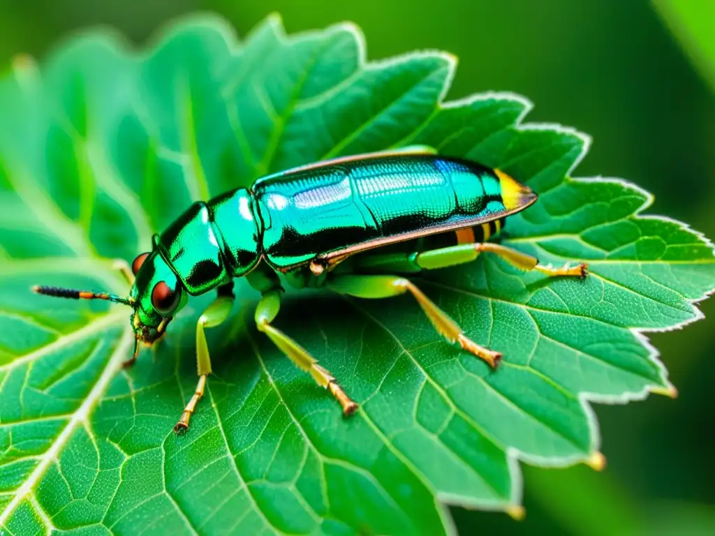 Increíble detección temprana de insectos invasores automatizada con un escarabajo metálico verde esmeralda en una hoja de fresno