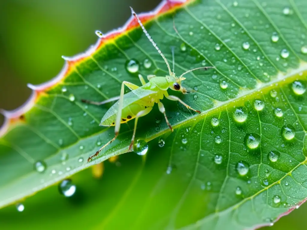 Una infestación de pulgones verdes en una hoja de planta, rodeados de gotas de miel pegajosa