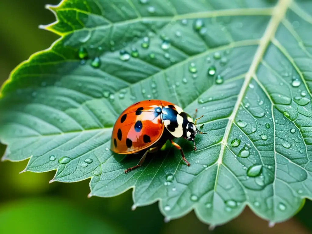 Innovaciones biotecnológicas control de plagas: Detalle de una mariquita sobre una hoja verde, con gotas de agua y patrones en sus alas rojas y negras