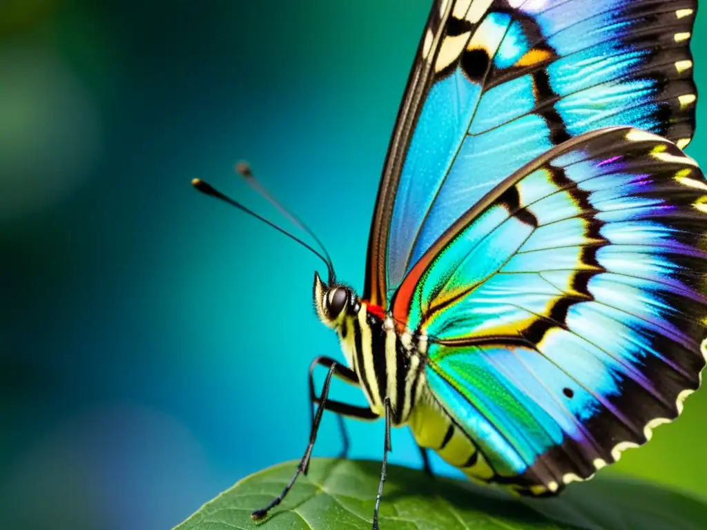 Innovaciones inspiradas en la naturaleza: Detalle de ala de mariposa con patrones iridiscentes y colores vibrantes bajo la luz solar