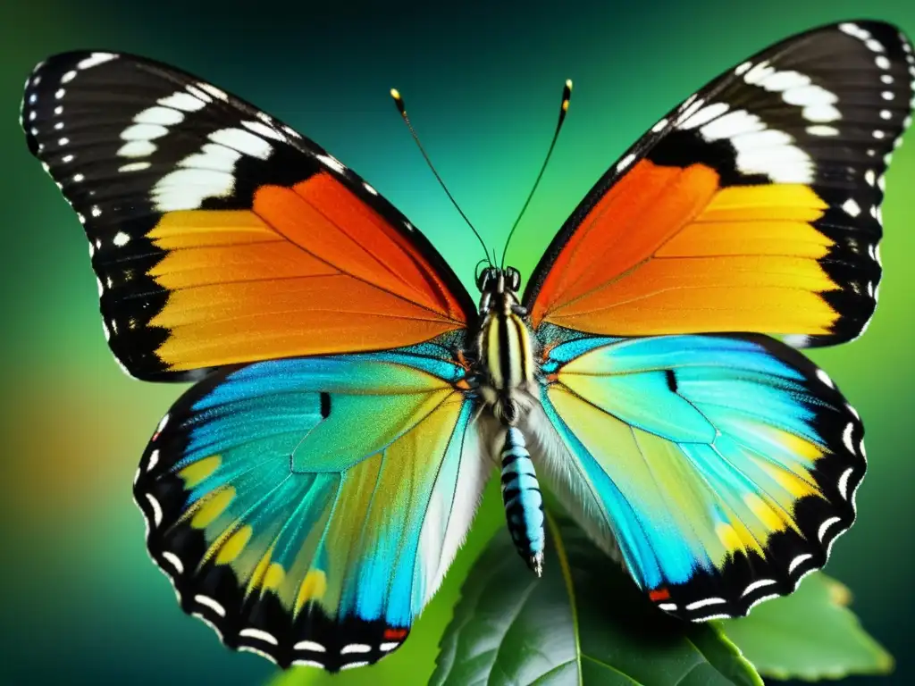 Innovaciones inspiradas en la naturaleza: Detalle de alta definición de un ala de mariposa iridiscente, con patrones y colores vibrantes, captando la luz del sol y revelando la belleza de la naturaleza