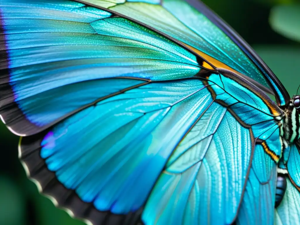 Innovaciones inspiradas en la naturaleza: Detalle ultradetallado de las escamas iridiscentes en las alas de una mariposa morpho, con patrones vibrantes y colores deslumbrantes