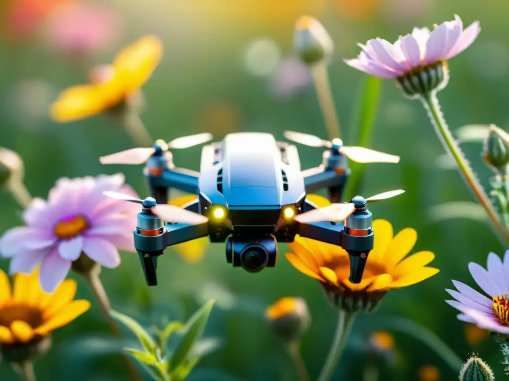 Innovaciones tecnológicas para conservación de insectos: un dron robótico sobrevuela un campo de flores, rodeado de coloridos polinizadores en armonía