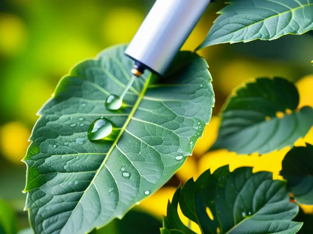 Aplicación de insecticida orgánico casero en hojas de planta verde, resaltando cuidado en el jardín