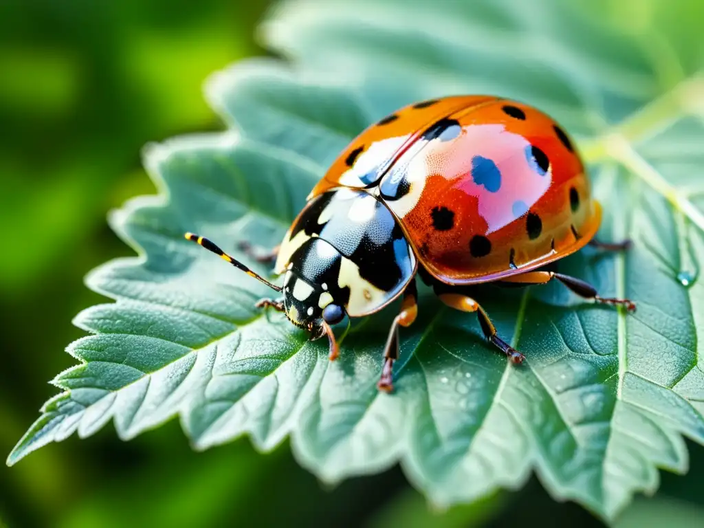 Insecticidas naturales para proteger jardín: Una mariquita posada en una hoja verde, con detalles intrincados y alas translúcidas