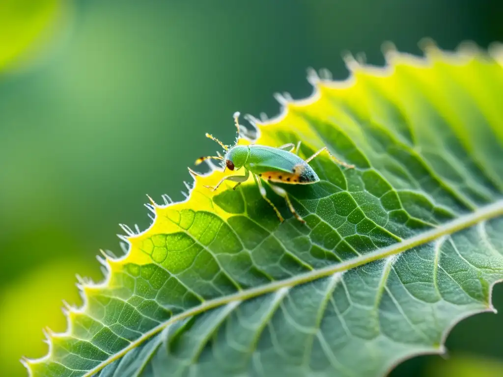 Insecticidas orgánicos caseros para jardín: Detalle de áfidos verdes en hoja iluminada por el sol