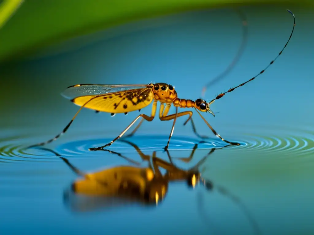 Insecto acuático Gerridae equilibrándose en la superficie del agua, reflejando la belleza etérea de los ecosistemas dulceacuícolas