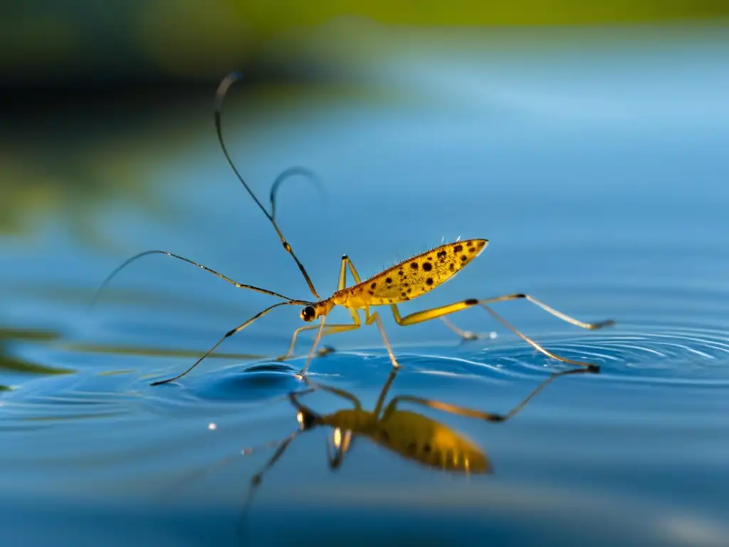 Insecto acuático Gerridae deslizándose sobre la superficie tranquila de un manglar, creando un patrón hipnótico con sus patas hidrofóbicas