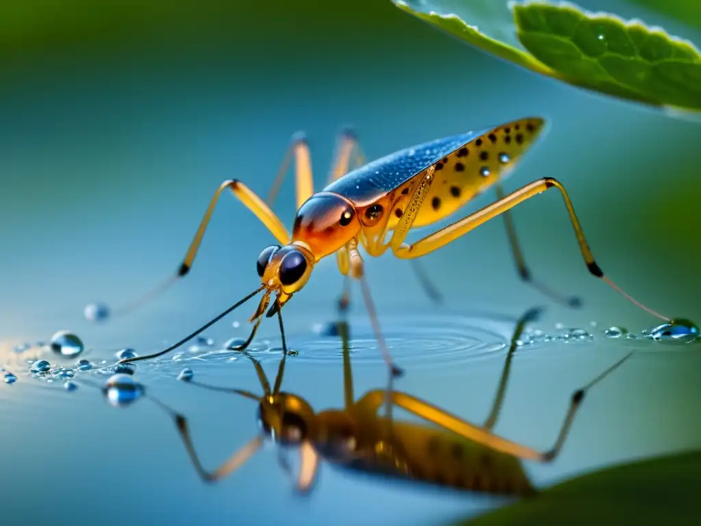 Insecto acuático descansa en la superficie de un tranquilo estanque, creando una escena cautivadora y detallada