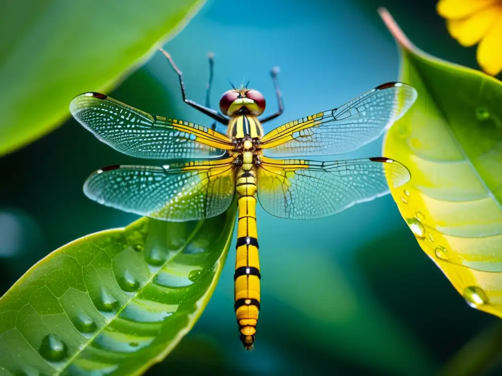 Insecto amenazado emergiendo de agua dulce, con alas translúcidas y cuerpo segmentado, rodeado de plantas acuáticas vibrantes