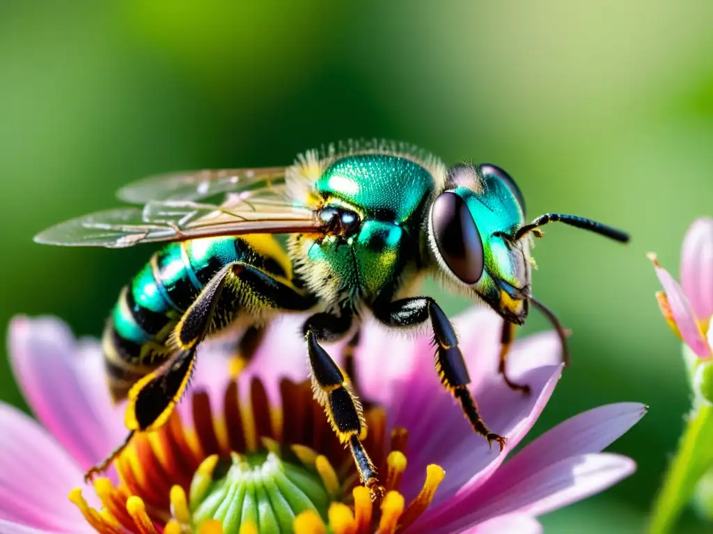 Insecto bioindicador de cambios ambientales, una abeja sudorosa metálica verde vibrante se posa en una flor rosa, sus alas irisadas brillan al sol