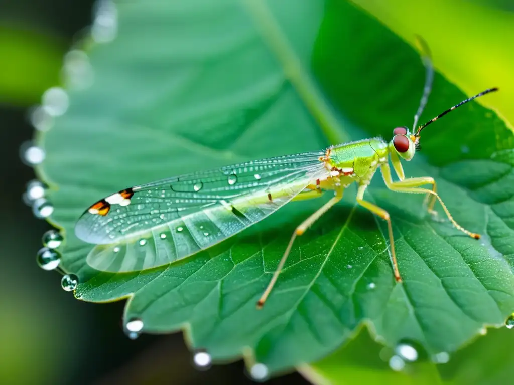 Un insecto bioindicador de cambios ambientales: un vibrante lacewing reposa en una hoja, con sus alas traslúcidas brillando al sol