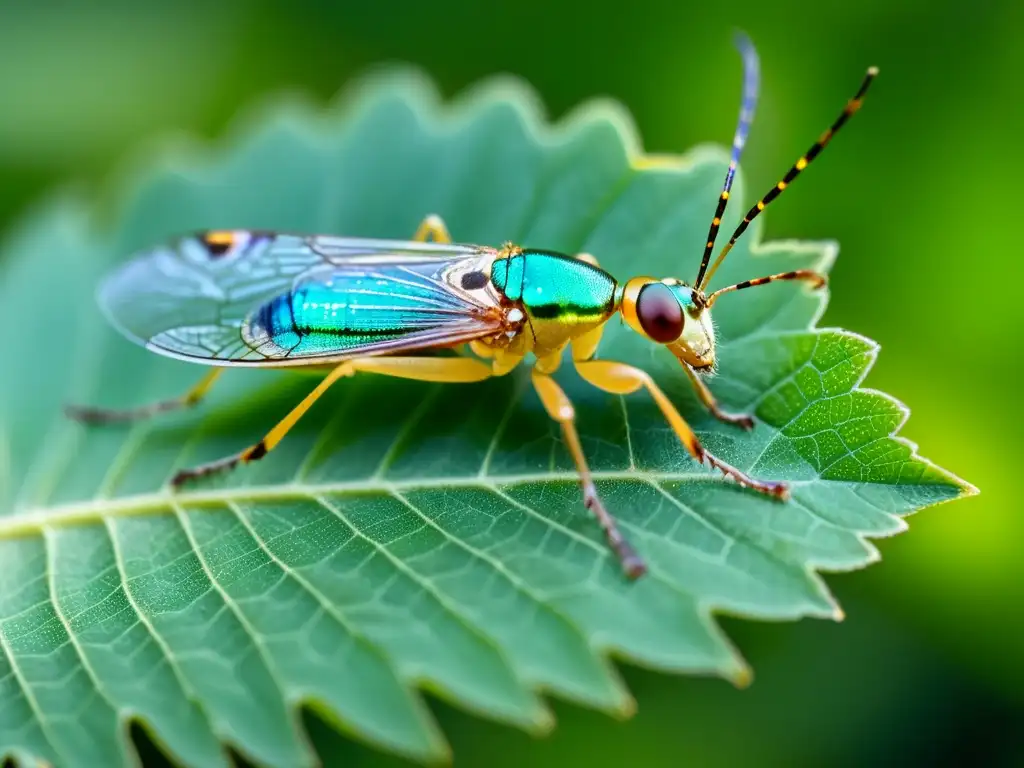 Insecto cazador de microorganismos en hoja, desplegando alas iridiscentes y delicadas patas, atrapando la belleza microscópica