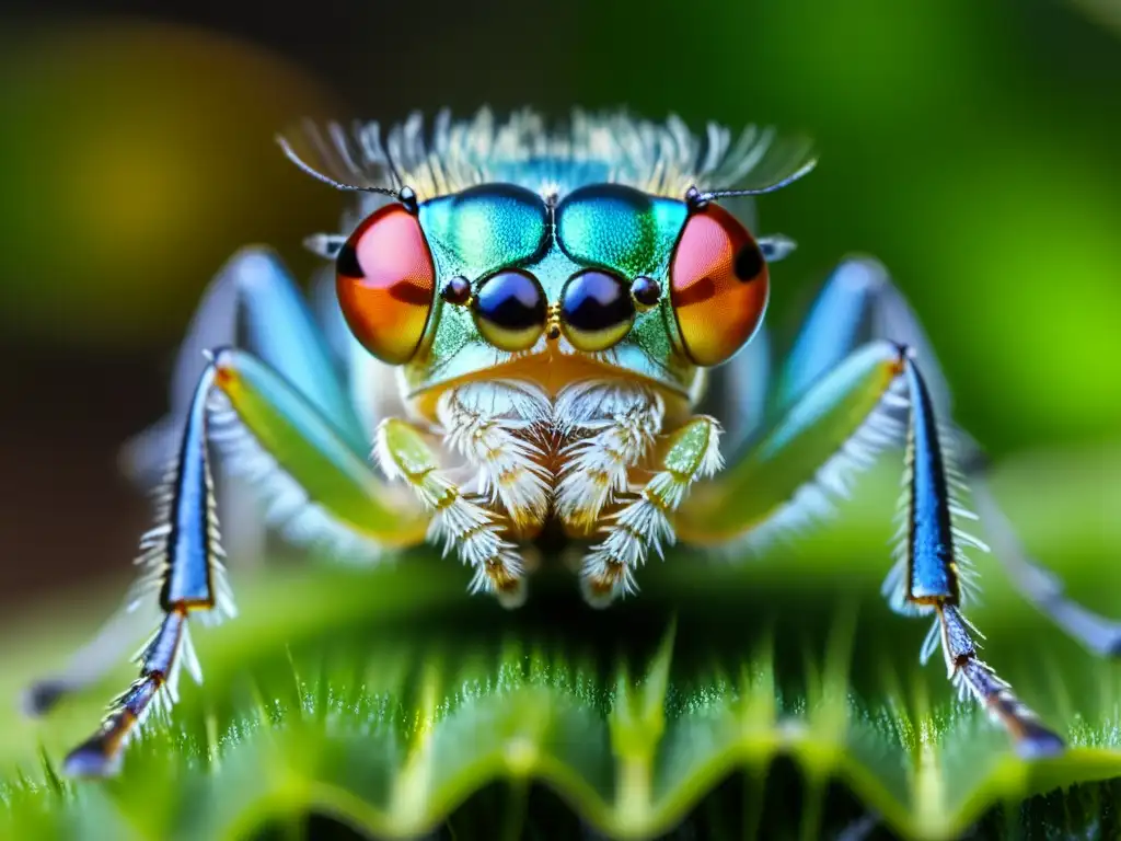 Insecto cazador de microorganismos en un manto verde de musgo, listo para acechar a su presa microscópica con sus ojos facetados y alas iridiscentes