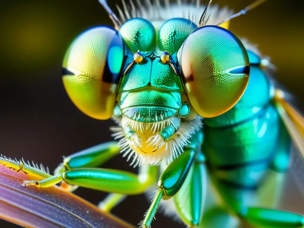 Insecto cazador de microorganismos con ojos multifacéticos enfocados en presa diminuta, alas iridiscentes desplegadas