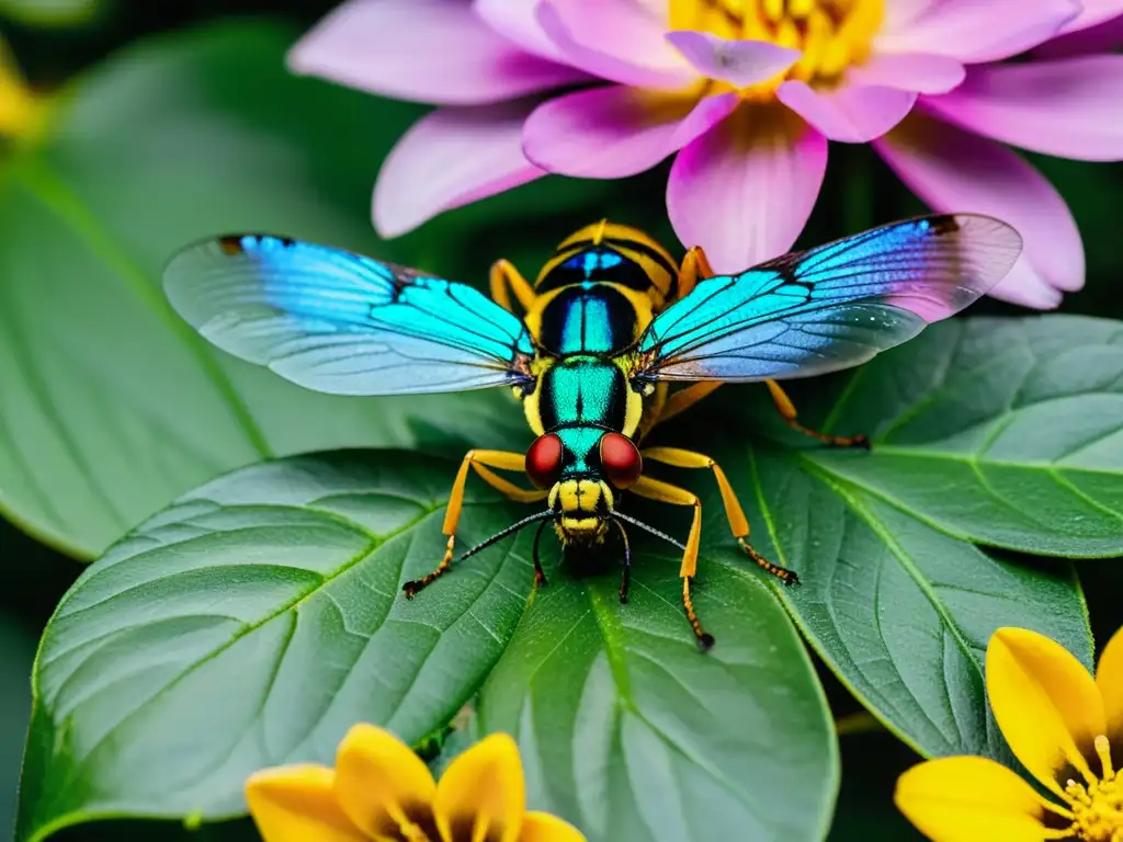 Un insecto colorido descansa en una flor, rodeado de exuberante vegetación