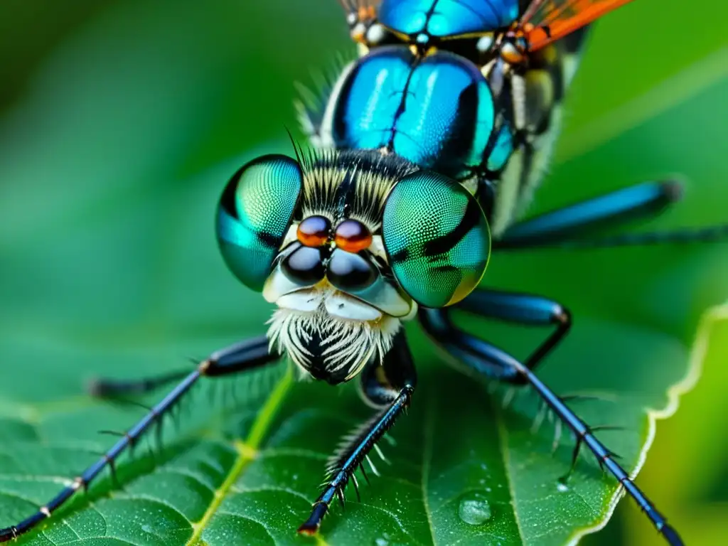 Un insecto depredador con ojos multifacetados, antenas delicadas y alas iridiscentes, preparado para cazar microorganismos en una hoja