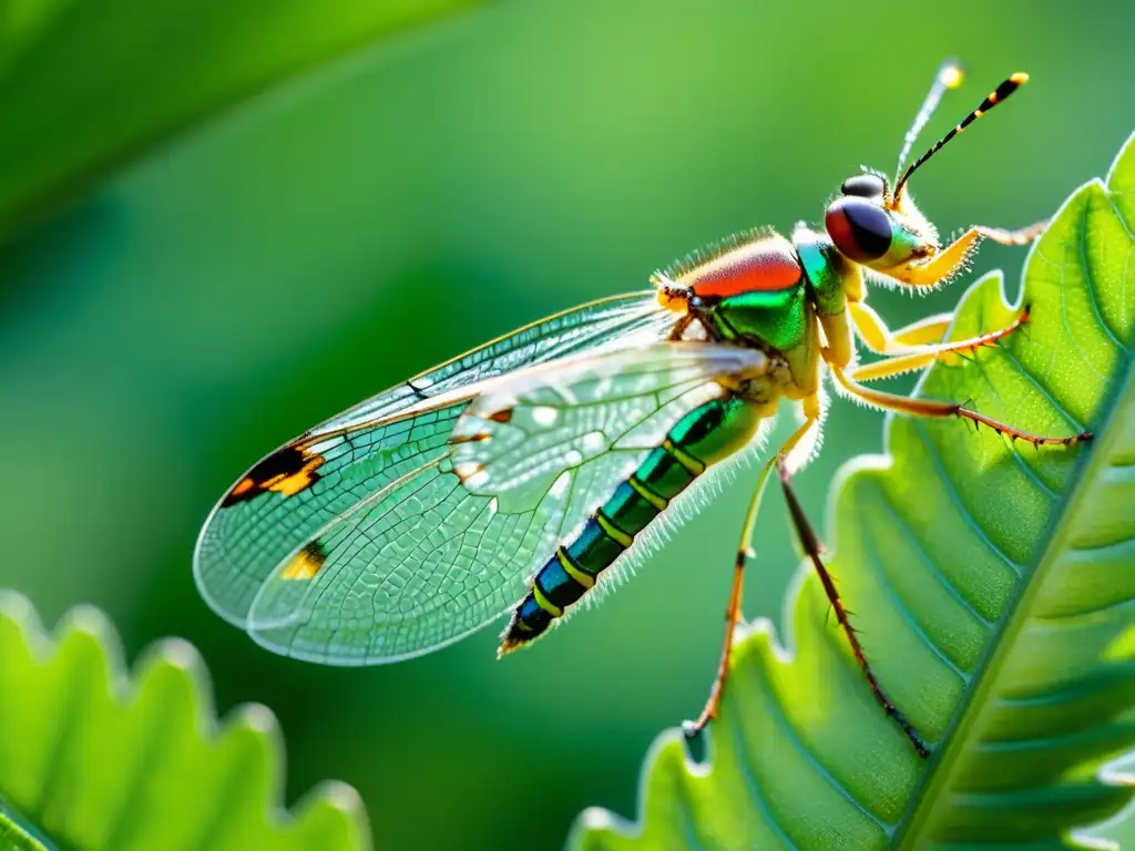 Un insecto efímero reposa en una hoja verde bajo la luz del sol, mostrando la belleza efímera de su ciclo de vida