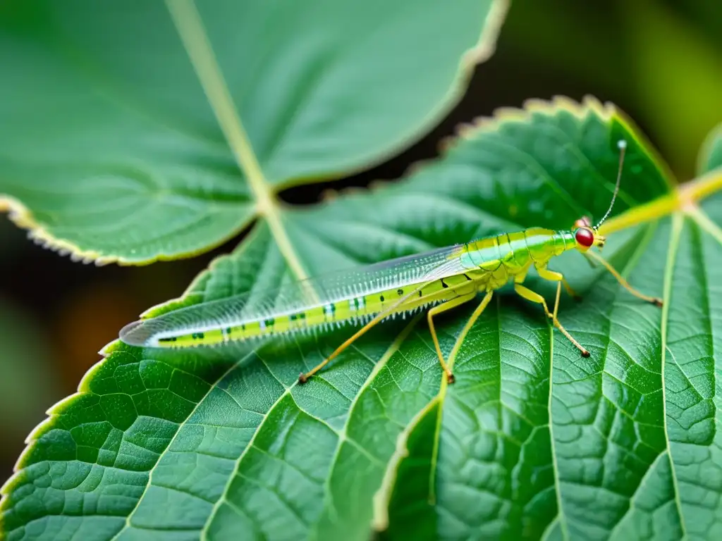 Un insecto de encaje verde se camufla entre las hojas, destacando sus sistemas de defensa evolucionados