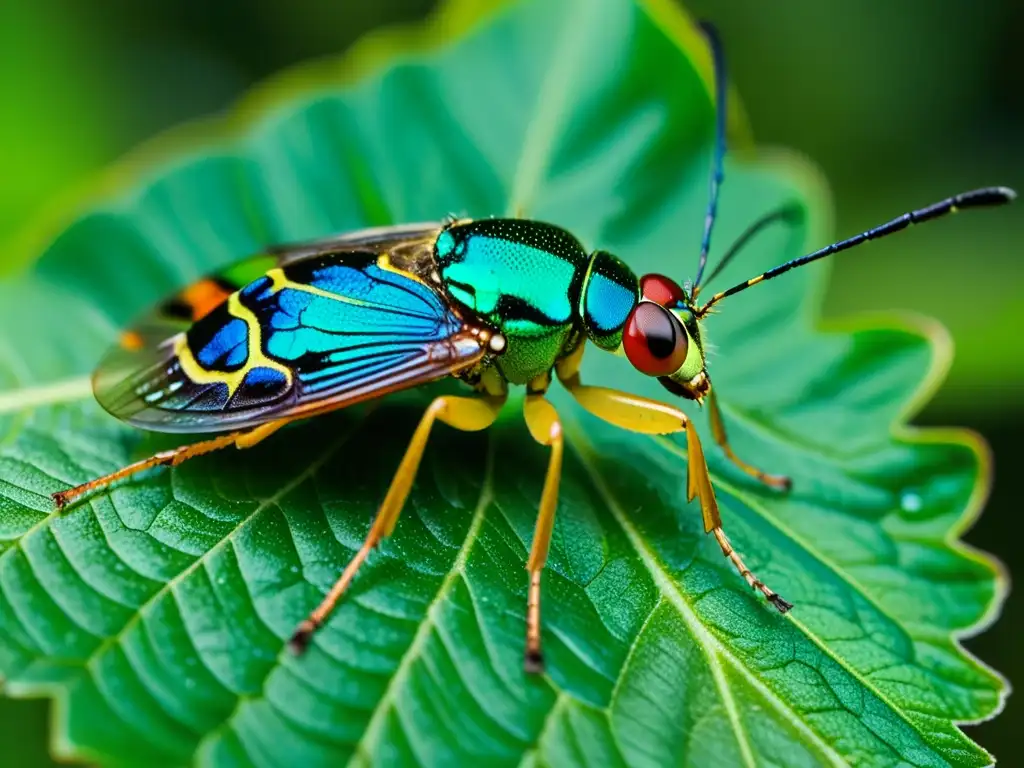 Insecto híbrido en la naturaleza: Detalle de un insecto único sobre una hoja verde, con alas iridiscentes y ojos multifacéticos