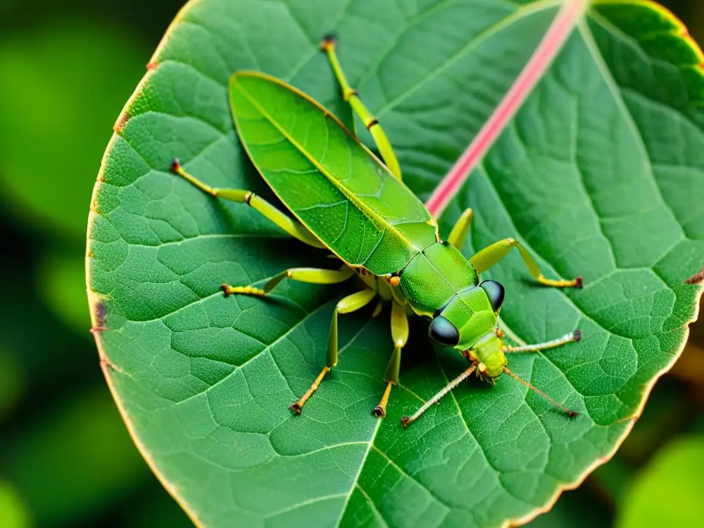 Un insecto hoja mostrando su asombrosa anatomía adaptativa para camuflaje entre hojas verdes vibrantes