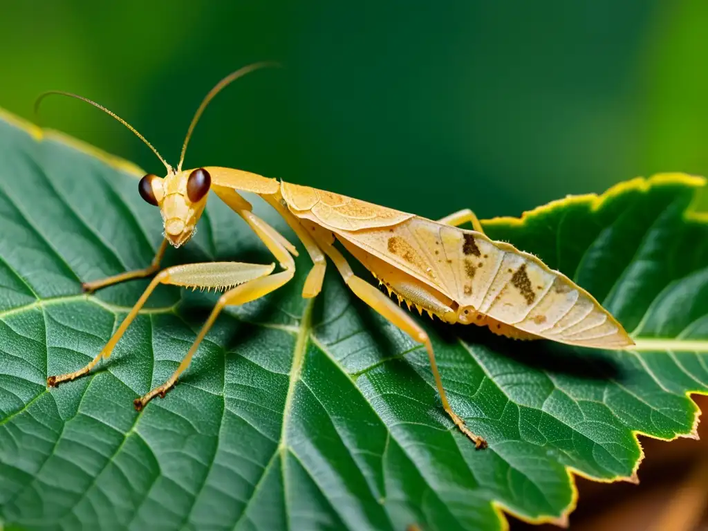 Un insecto hoja muerta (Deroplatys desiccata) camuflado en una hoja seca, destacando sus tácticas evolutivas de supervivencia insecto