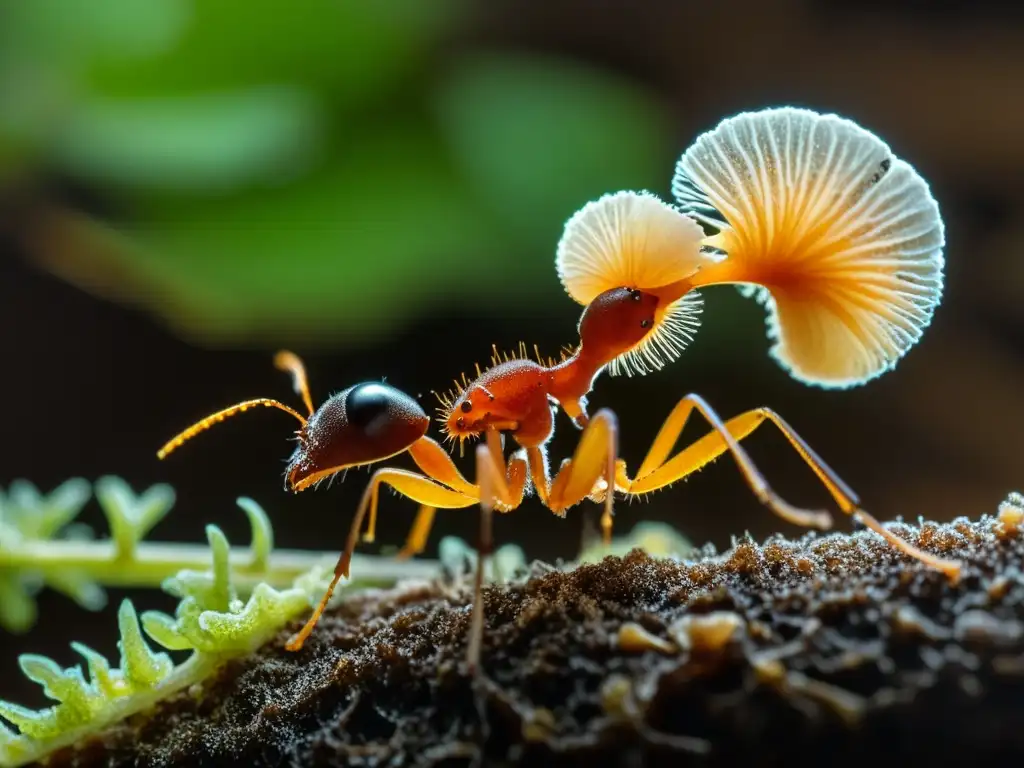 Insecto llevando hongo en mandíbulas entre bioluminiscencia y hifas detalladas en el suelo del bosque