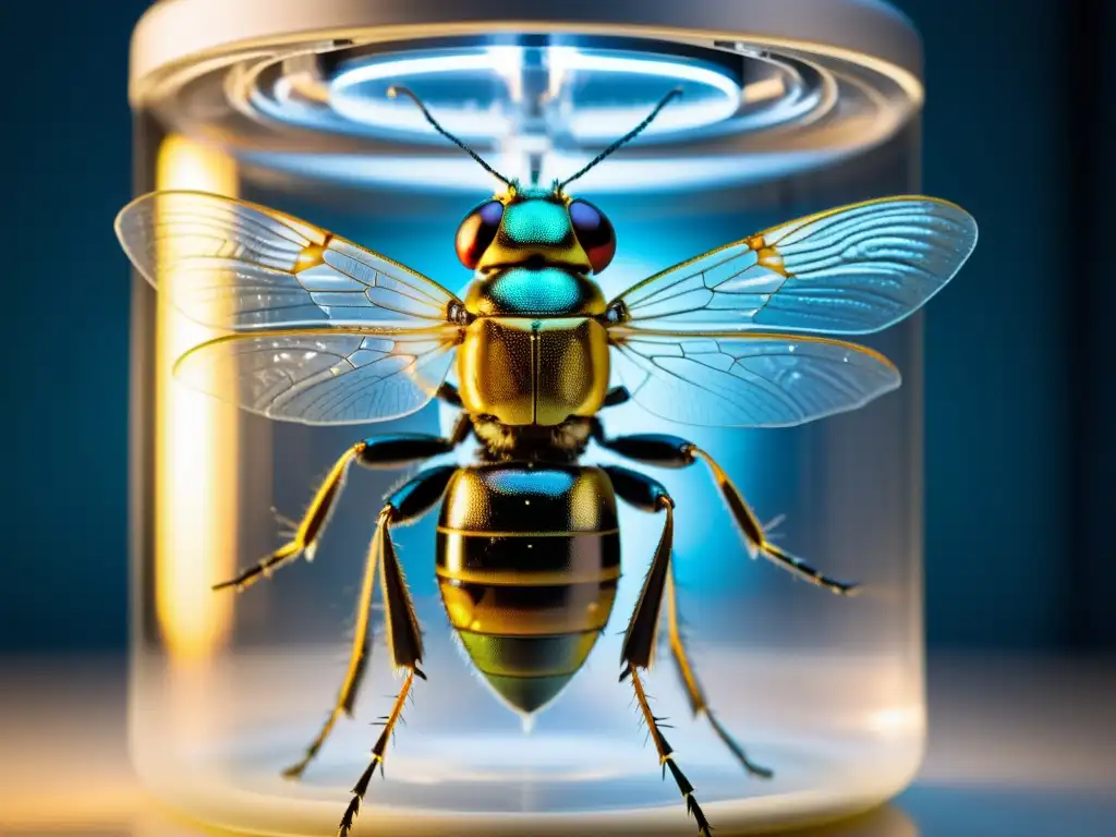 Un insecto modificado genéticamente atrapado en un recipiente transparente, rodeado de dispositivos robóticos emitiendo luz