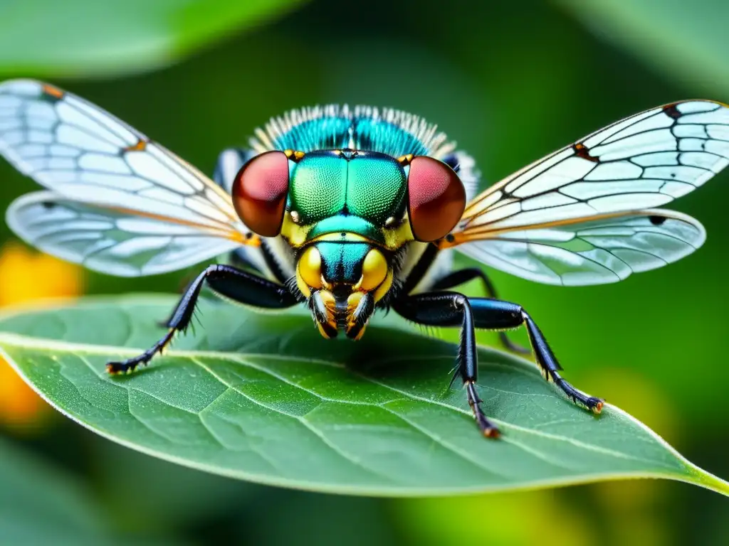 Insecto genéticamente modificado con colores vibrantes, mostrando sus patrones en el exoesqueleto y ojos compuestos