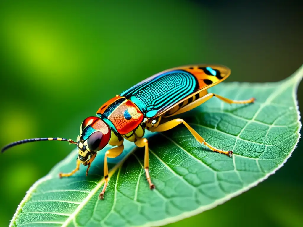 Un insecto genéticamente modificado para el control de plagas muestra sus intrincados patrones y estructuras detalladas en una hoja de planta