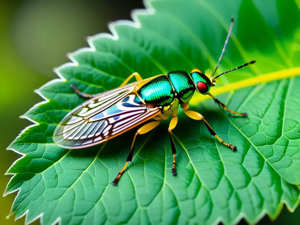 Insecto genéticamente modificado para control de plagas, con patrones y características modificadas, en una hoja verde brillante