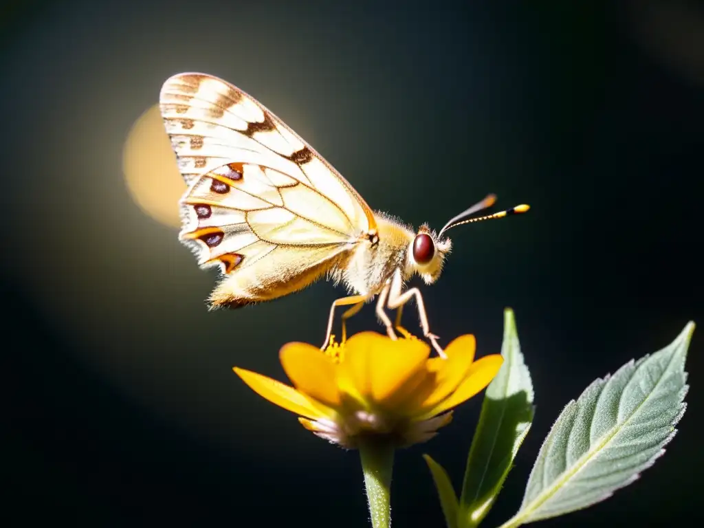 Un insecto nocturno se alimenta delicadamente del néctar de una flor bajo la luz de la luna