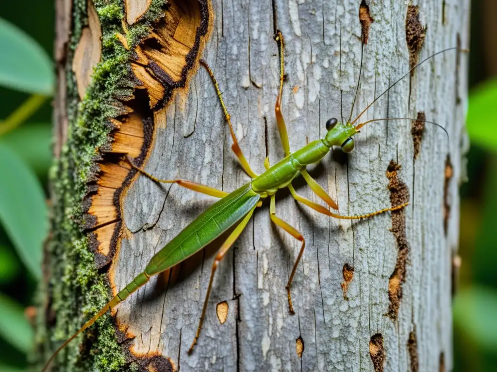 Un insecto palo se mimetiza con el árbol, mostrando sus técnicas de camuflaje