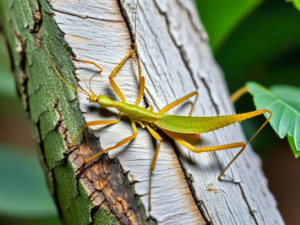 Un insecto palo camuflado con perfección en la corteza de un árbol, destacando su asombroso camuflaje y adaptación para sobrevivir