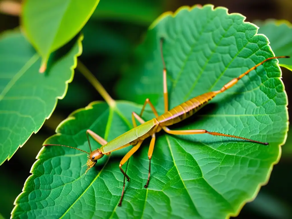 Un insecto palo camuflado entre las hojas, mostrando su asombroso camuflaje natural