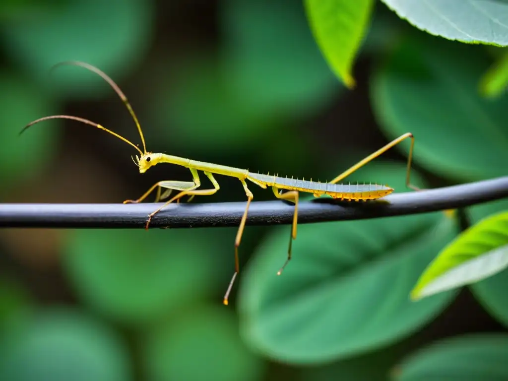 Un insecto palo camuflado en una rama, destacando su asombroso camuflaje