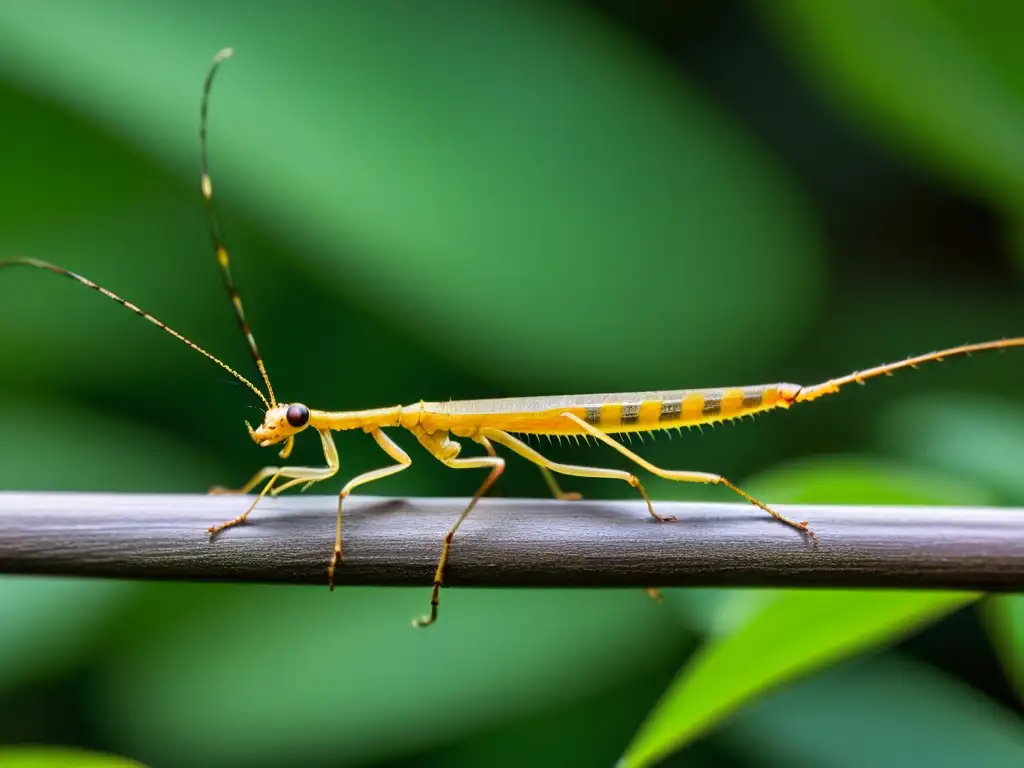 Un insecto palo camuflado en una rama, con detalle y textura impresionantes