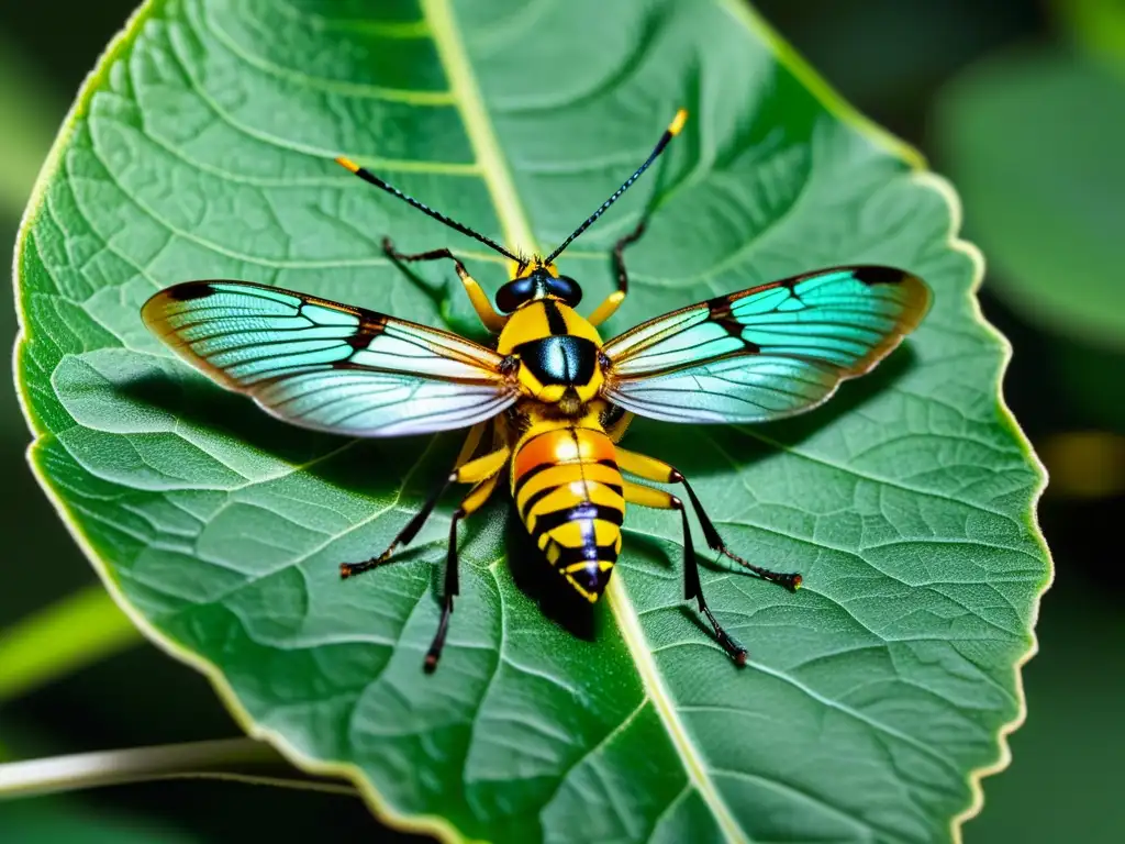 Insecto transgénico en detalle sobre hoja verde, mostrando alas, cuerpo y antenas modificadas