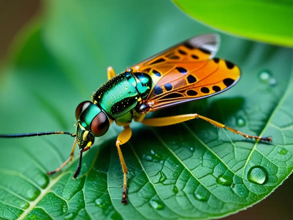 Insecto transgénico en hoja verde con gotas de agua, mostrando detalles de su exoesqueleto, alas y antenas