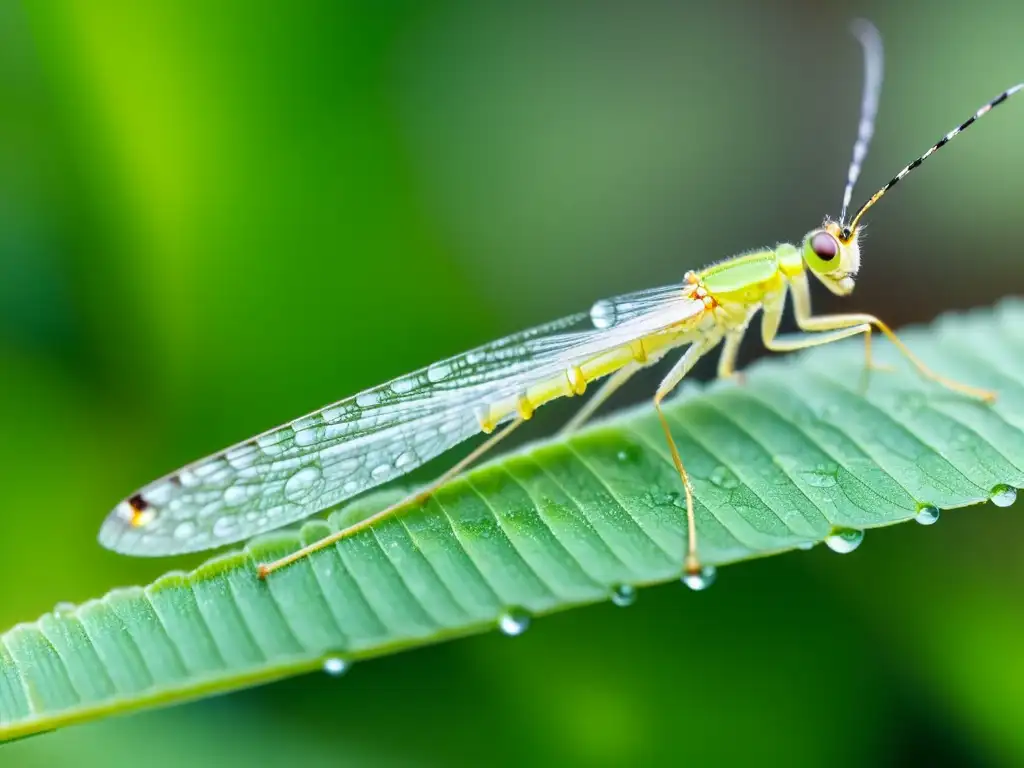 Un insecto verde lacewing con alas translúcidas y ojos compuestos dorados, camuflado entre el follaje