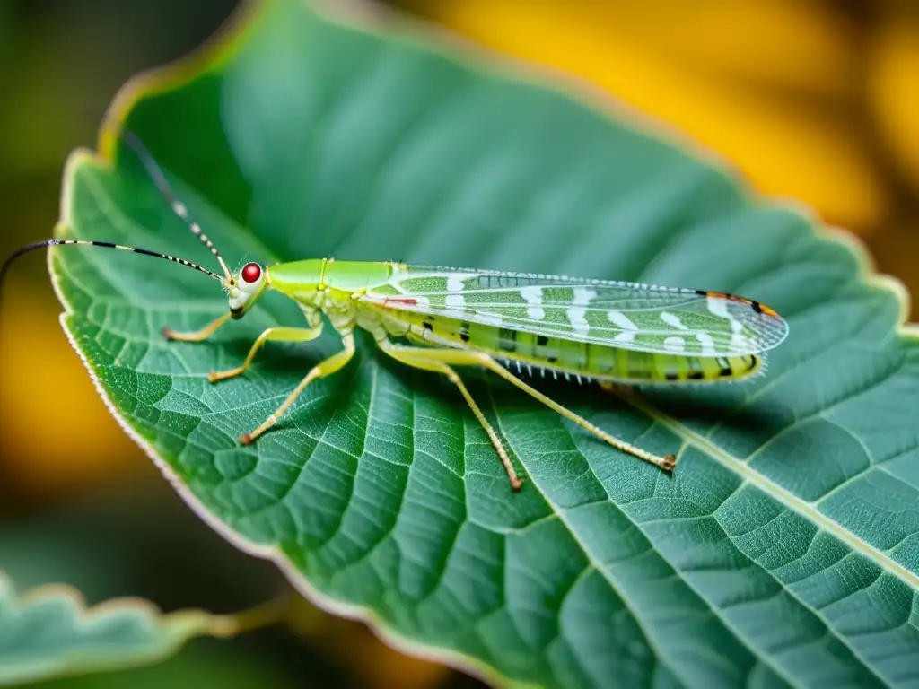 'Insecto crisopa verde camuflado en hoja, mostrando sus alas venosas y antenas delicadas